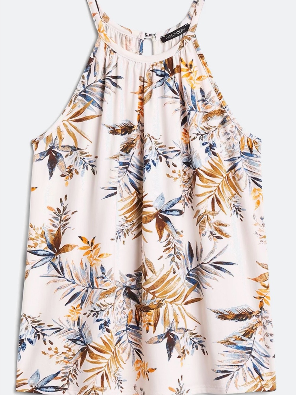 Papermoon White Halter Top with Blue and Gold Leaf Print